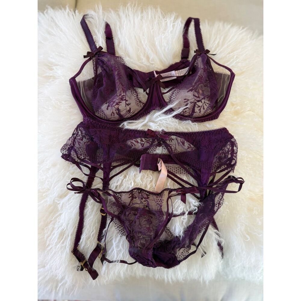RARE Agent Provocateur TANYA Purple 3 Piece Lingerie Full Set 36D M-L